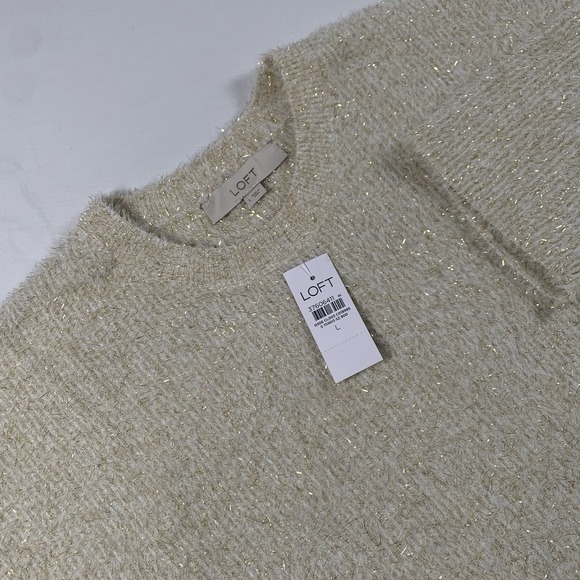 Loft NWT Ivory W/ Gold Metallic Flecks Crewneck Knit Oversized Sweater Sz Large - Picture 1 of 9